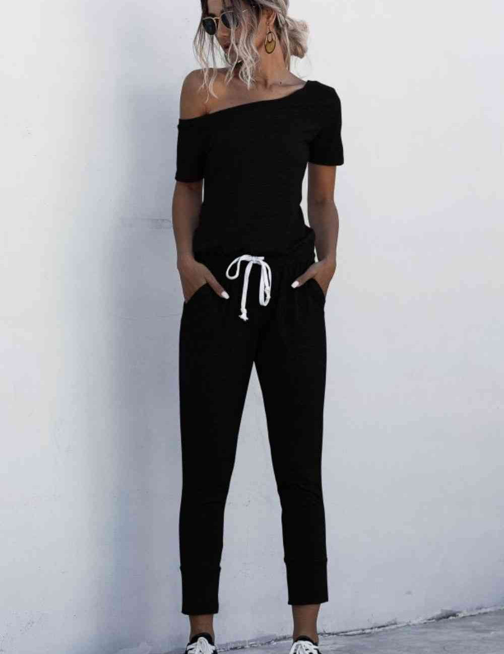Asymmetrical Neck Tied Jumpsuit with Pockets
