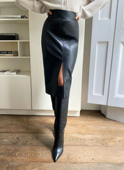 French Style Split Hem Faux Leather Skirt
