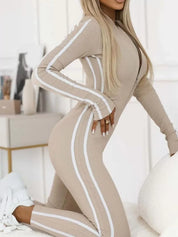 Full Size Stripe Zip-Front Long Sleeve Jumpsuit Plus Size
