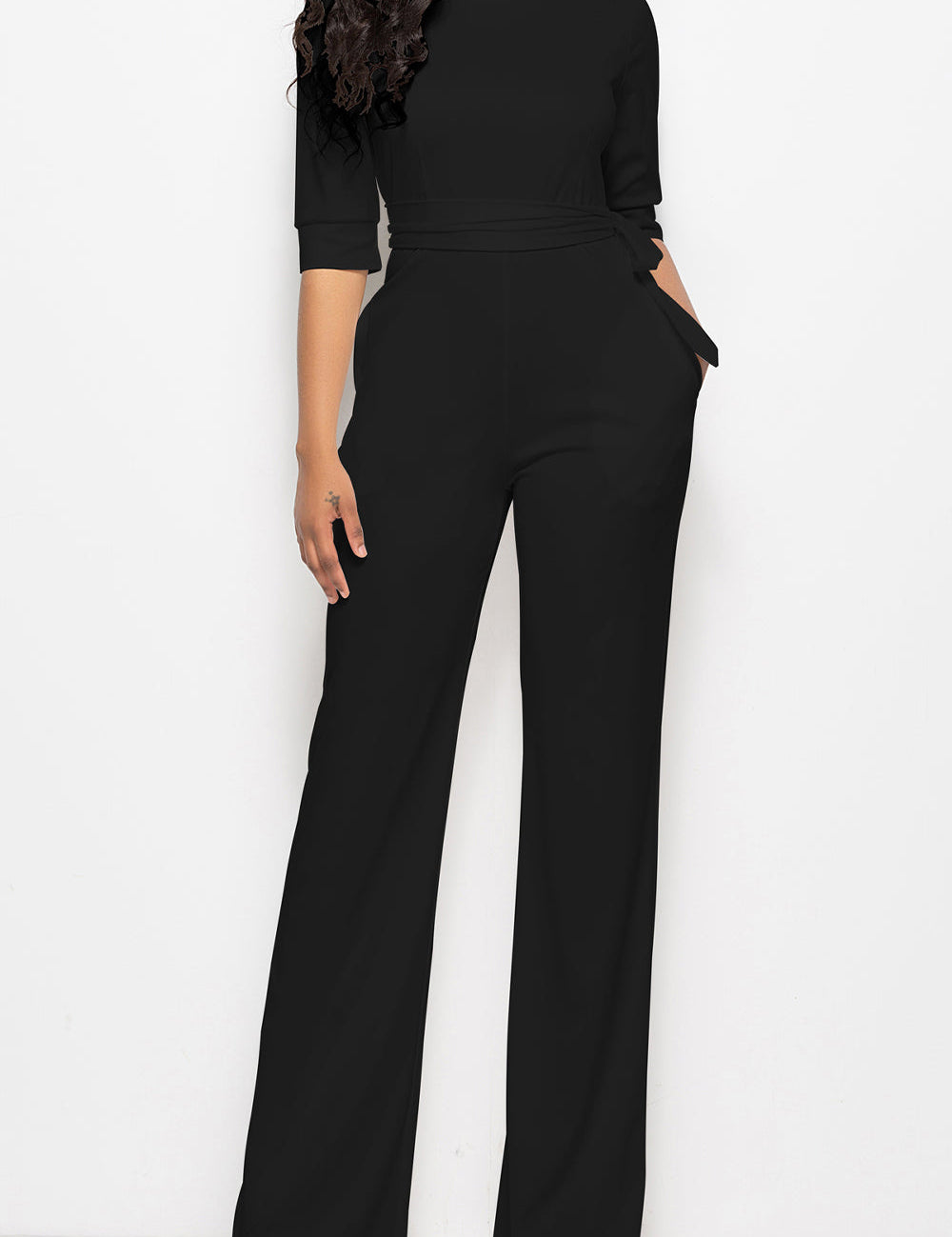 Mock Neck Tie-Waist Half Sleeve Jumpsuit