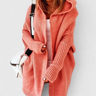 Knitted Hooded Cardigan With Batwing Sleeve