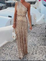 Sequin One-Shoulder Slit Maxi Dress