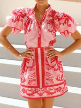 Puff Sleeve Printed Top and Zip Back Skirt Set