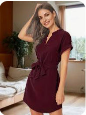 V-neck Short Sleeve Dress With Belt Summer Fashion Bowknot Dresses For Women Clothing