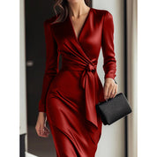 Elegant Burgundy Satin Midi Dress With Belted Waist