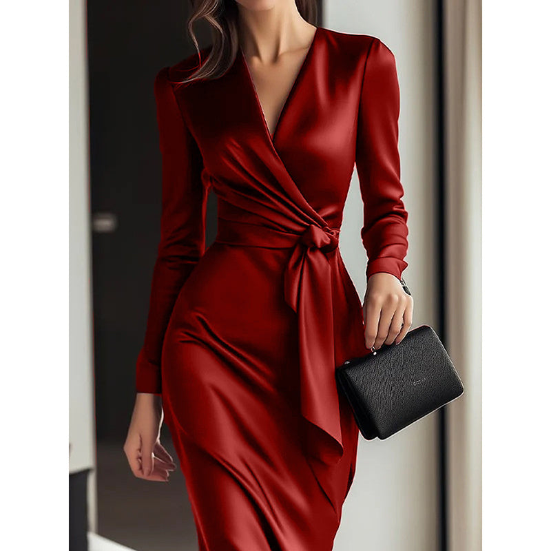 Elegant Burgundy Satin Midi Dress With Belted Waist