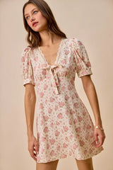 SO ME Floral Lace Trimed Short Sleeves Mini Dress