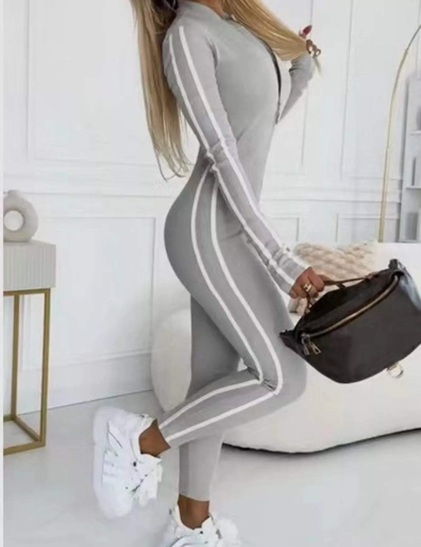 Full Size Stripe Zip-Front Long Sleeve Jumpsuit Plus Size