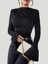 Bell Sleeve Ruched Fitted T-Shirt with Mock Neck