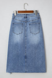Alexis Irregular Distressed Bottom Denim Midi Skirt