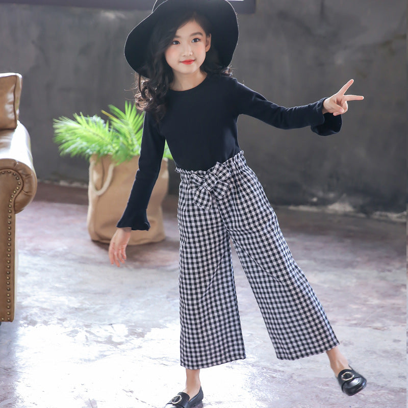 Plaid Wide Leg Pants Long Sleeve Set