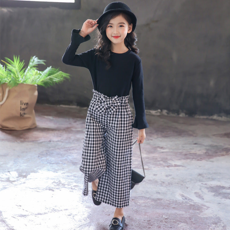 Plaid Wide Leg Pants Long Sleeve Set
