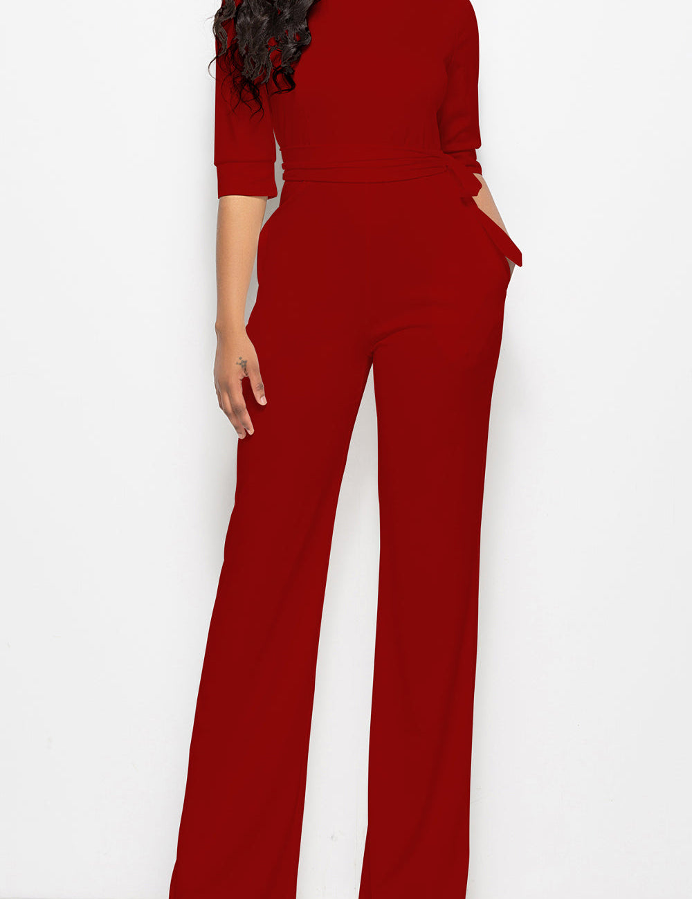 Mock Neck Tie-Waist Half Sleeve Jumpsuit