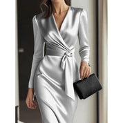 Elegant Burgundy Satin Midi Dress With Belted Waist