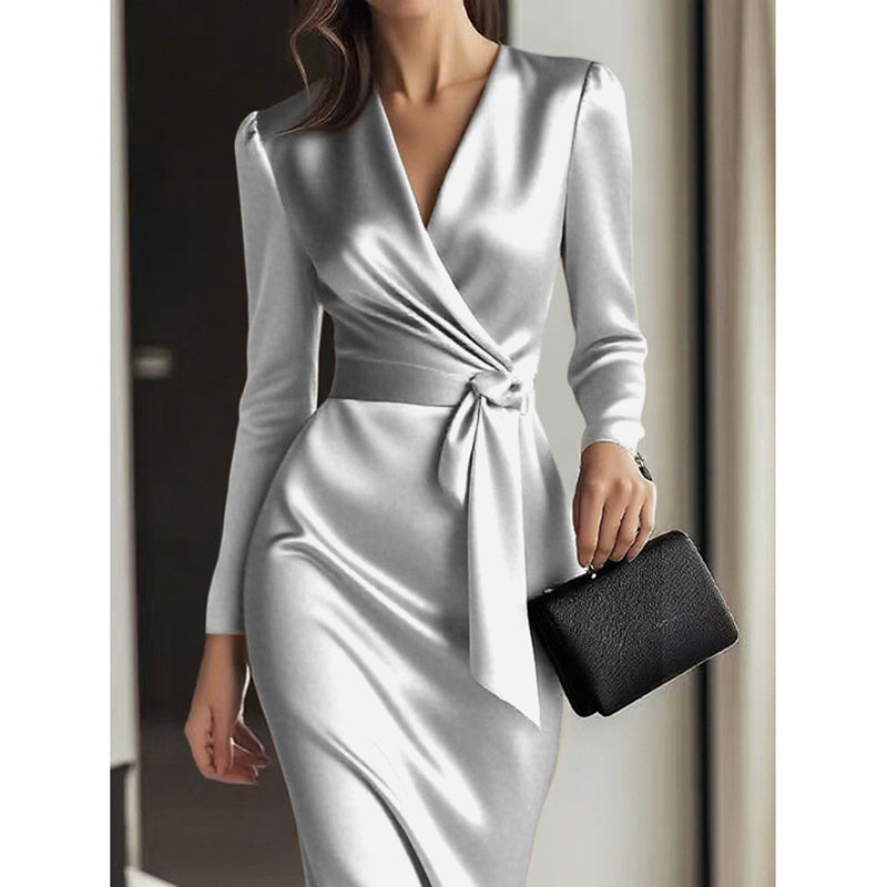 Elegant Burgundy Satin Midi Dress With Belted Waist
