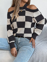 Cold Shoulder Checkered Long Sleeve Sweater