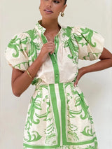 Puff Sleeve Printed Top and Zip Back Skirt Set