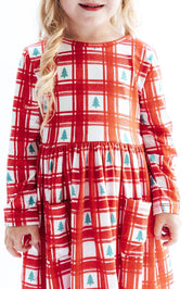 Plaid Trees L/S Pocket Twirl Dress