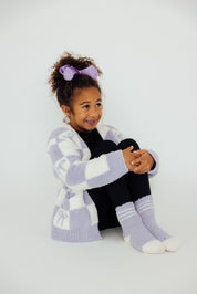 Lavender Checker Bow Cozy Cardigan
