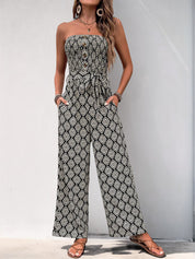 Perfee Printed Smocked Sleeveless Jumpsuit