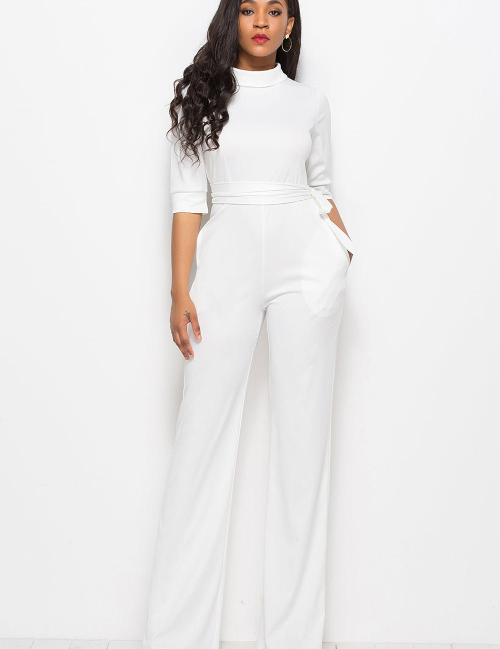Mock Neck Tie-Waist Half Sleeve Jumpsuit
