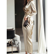 Elegant Burgundy Satin Midi Dress With Belted Waist