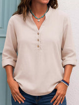 Full Size Button Detail Notched Long Sleeve Blouse Plus Size