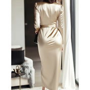 Elegant Burgundy Satin Midi Dress With Belted Waist
