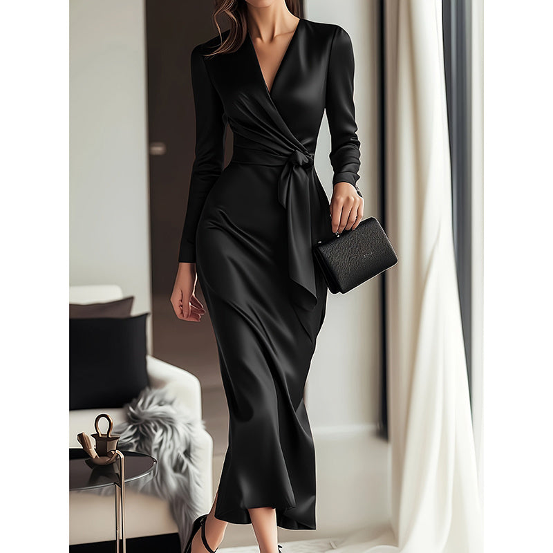 Elegant Burgundy Satin Midi Dress With Belted Waist