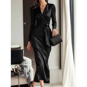 Elegant Burgundy Satin Midi Dress With Belted Waist
