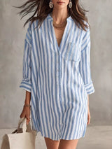 Full Size Striped 3/4 Sleeve Shirt Dress Plus Size