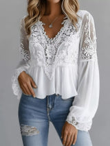 Lace V-Neck Long Sleeve Blouse with Peplum Hem