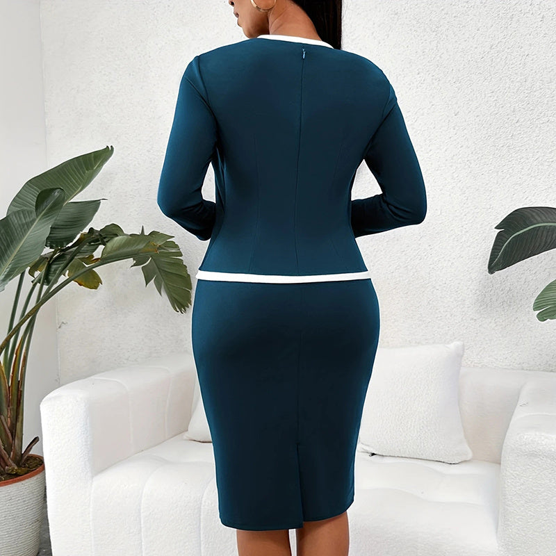 Square Neck Half Sleeve Office Dress - Mock Two-Piece