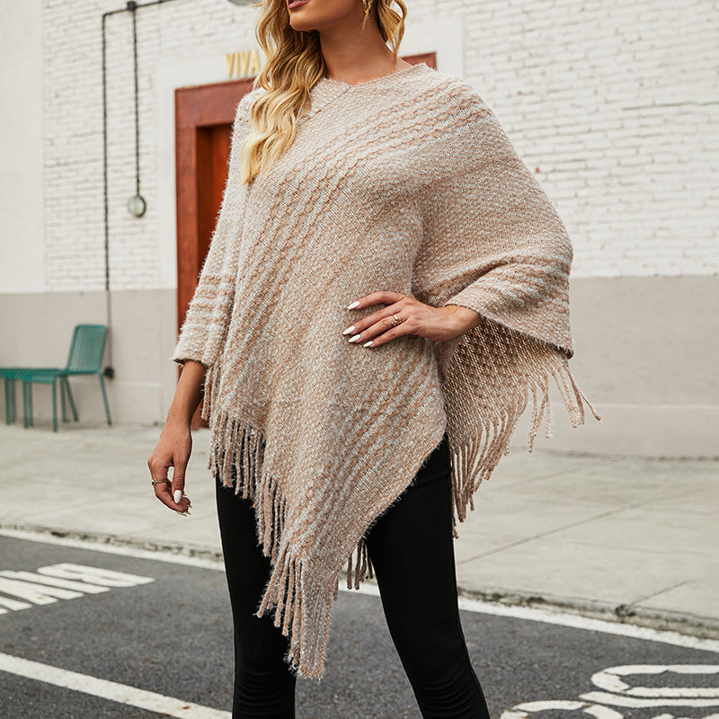 Striped Cape Fringed Shawl  S