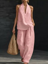 Full Size Halter Neck Top and Wide Leg Pants Set Plus Size