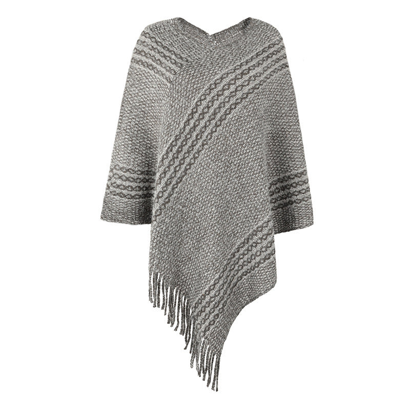 Striped Cape Fringed Shawl  S