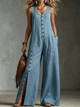 Full Size Sleeveless Button Front Wide Leg Jumpsuit Plus Size