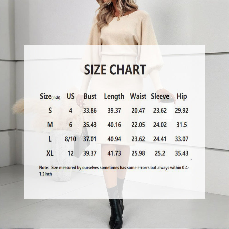 Women's Solid Color Round Neck Lantern Sleeve Bodycon Dress - Elastic Waist Knee-Length Knit Dress