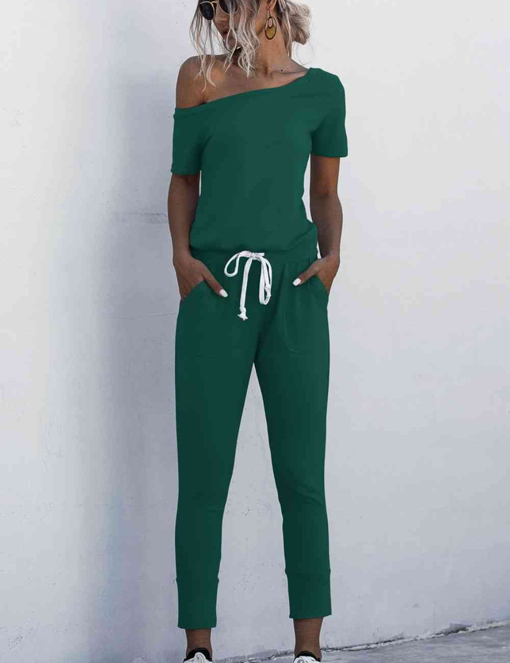Asymmetrical Neck Tied Jumpsuit with Pockets
