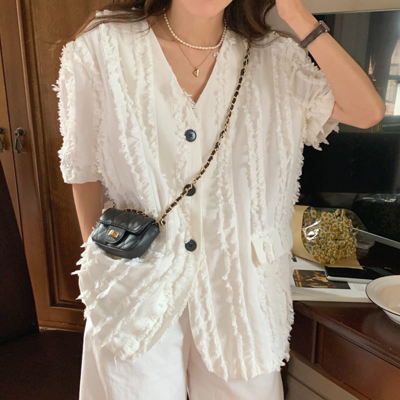 Fringed Loose Short Sleeve Jacket Top