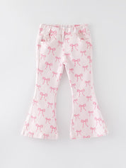 Pink Bow Print Elastic Flared Jeans Denim pant