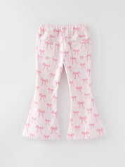 Pink Bow Print Elastic Flared Jeans Denim pant