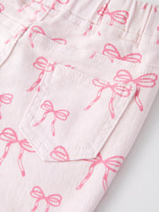 Pink Bow Print Elastic Flared Jeans Denim pant