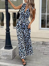 Sleeveless V-Neck Leopard Print Wide Leg Jumpsuit