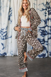 Leopard Colorblock Stripe Edge Shirt and Pants Pajama Set