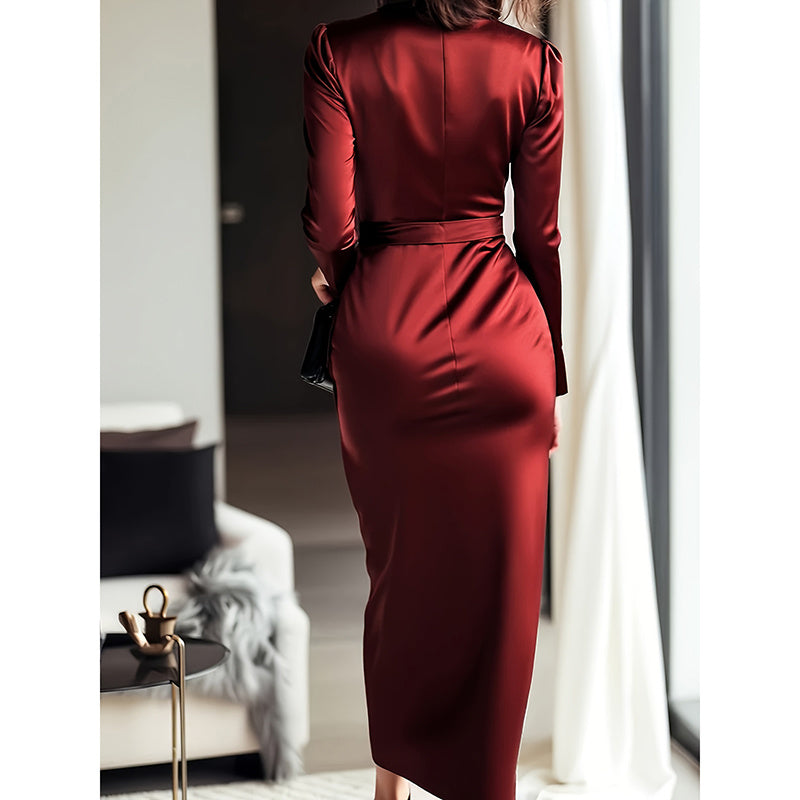 Elegant Burgundy Satin Midi Dress With Belted Waist