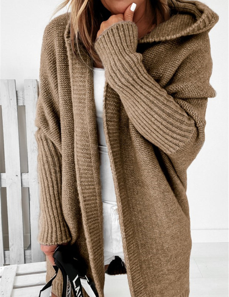 Knitted Hooded Cardigan With Batwing Sleeve