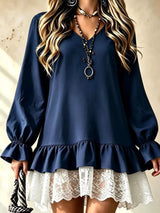 V-Neck Long Sleeve Ruffle Hem Lace Trim Mini Dress