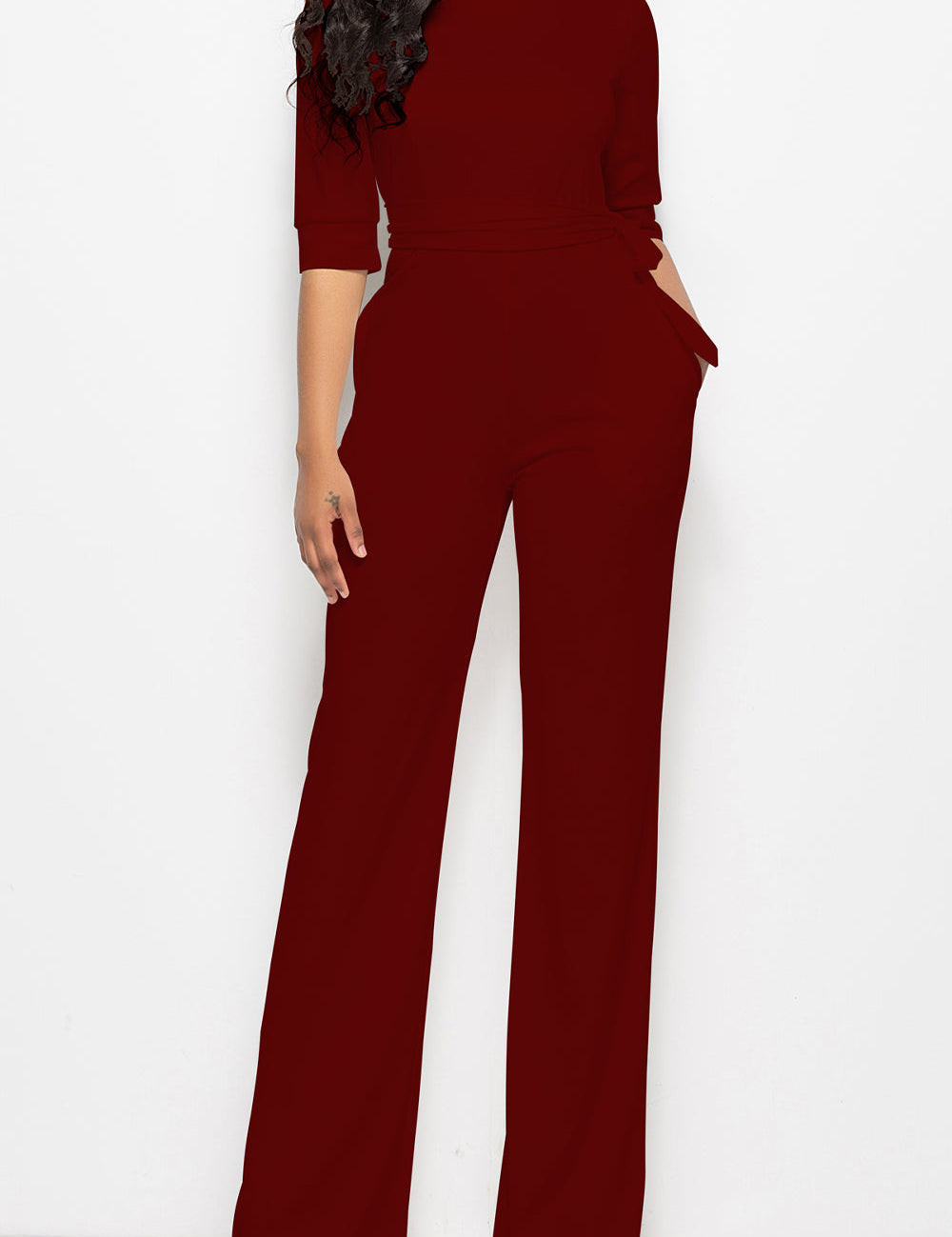 Mock Neck Tie-Waist Half Sleeve Jumpsuit