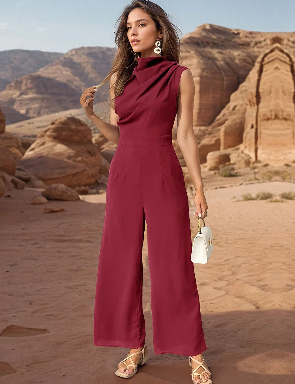 Ruched Mock Neck Sleeveless Jumpsuit